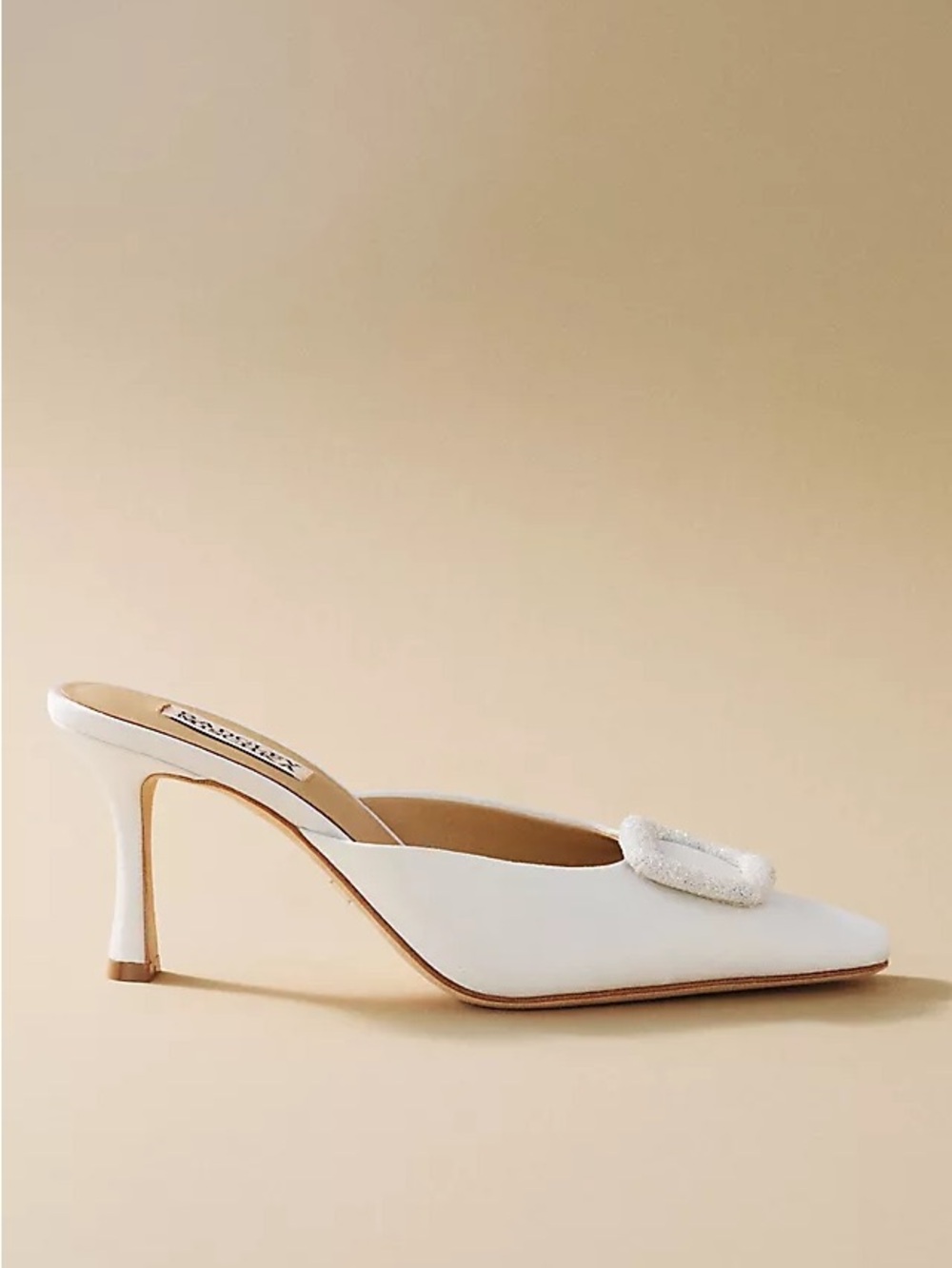 White Badgley Mischka Graylynn Mid Heel Square-Toe Mules Embellished Buckle